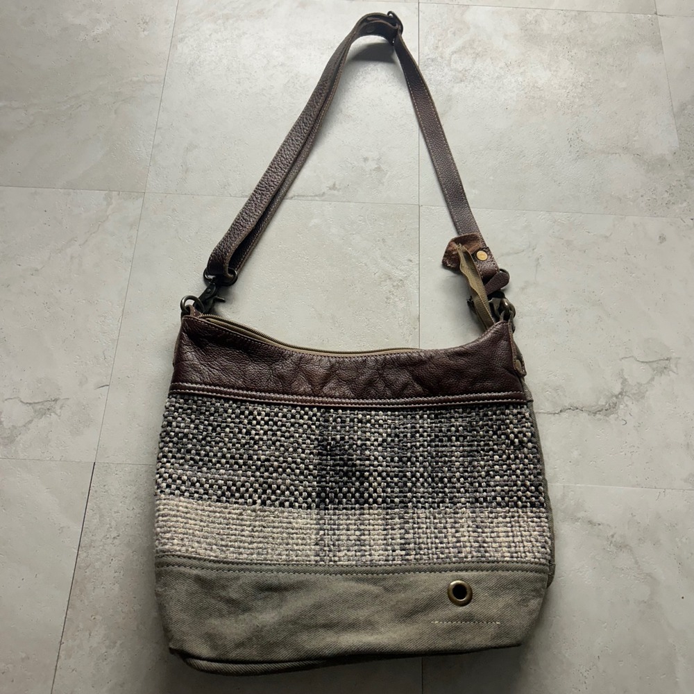 Myra Bag Crossbody Brown Gray Woven Leather Canvas Boho Shoulder Bag 1254